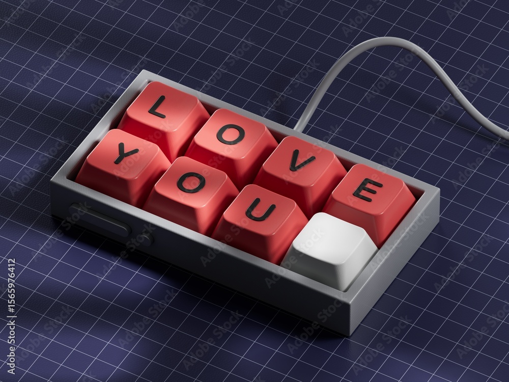 Poster love you.Computer keyboard keys spelling.Flat lay view from above on blue background with Computer keyboard keys buttons.IT technology concept.3D rendering on blue background.