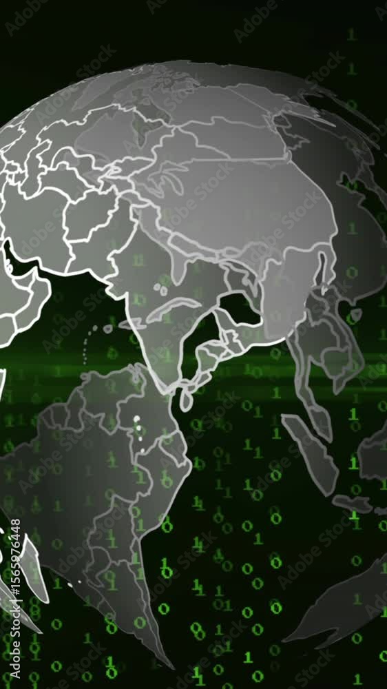 Poster animation of data processing and globe on black background