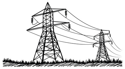 Electricity Transmission Towers Vector - High Voltage Power Line Sketch Illustration