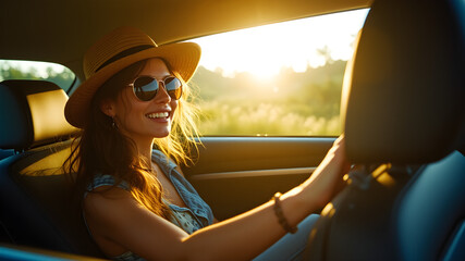 A woman is driving a car with a sunroof and a hat on