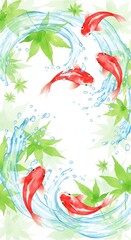 Vibrant Red Koi Fish and Green Maple Leaves in Refreshing Water Splash - Summer Nature Background.