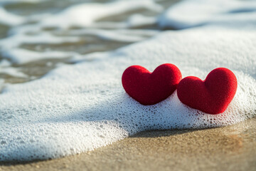 A close-up captures two shiny red heart-shaped objects resting on wet sand, with foamy ocean waves gently washing ashore in the background.