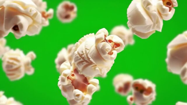 Floating popcorn kernels on a vibrant green background.