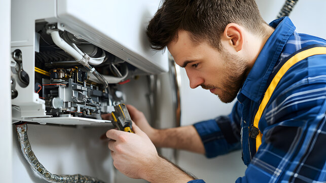 Experienced plumber installing a modern boiler water heater in a home, conducting thorough inspection of the heating system to guarantee efficient and reliable performance for the winter season.
