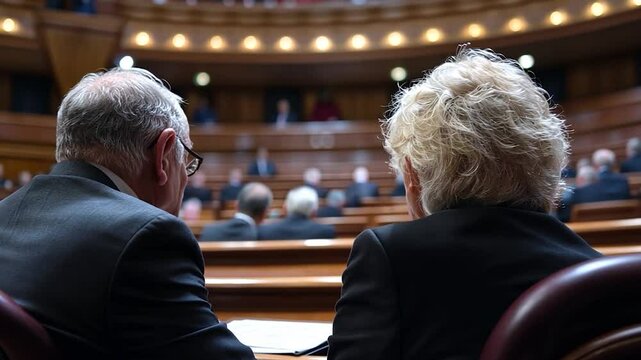 A view from behind of two people with gray hair, sitting in a meeting or conference room, focused on the other participants. The room features tiered seating and ornate decor, suggesting a formal or