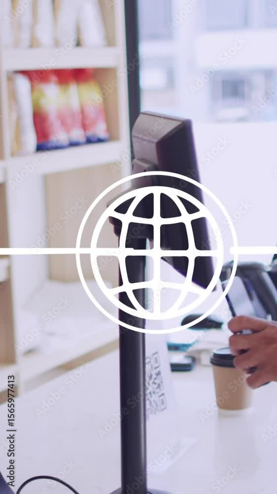 Poster animation of icons and data processing over man paying with credit card in shop