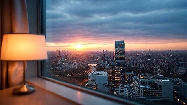 Capture of a cityscape from a high-rise window during a sunset. A white lamp stands on a sill, a modern cityscape with generic office towers, and a vivid sunset with blues and oranges hues in the