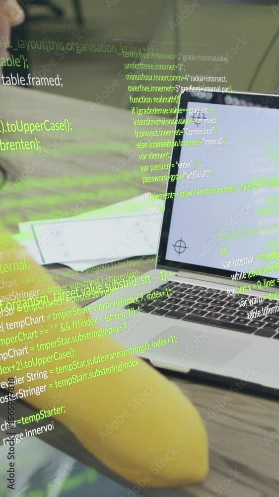Poster animation of data processing over businesswoman having video call on laptop with copy space