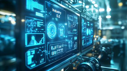 Futuristic industrial facility equipped with AI-powered control panels, embodying Industry 5.0 advancements, smart manufacturing, and next-generation automated production systems.