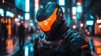 Fototapeta premium Futuristic figure in futuristic armor in a city at night