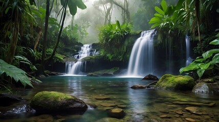 Lush rainforest scenery with waterfalls cascading into a clear pool and dense vegetation