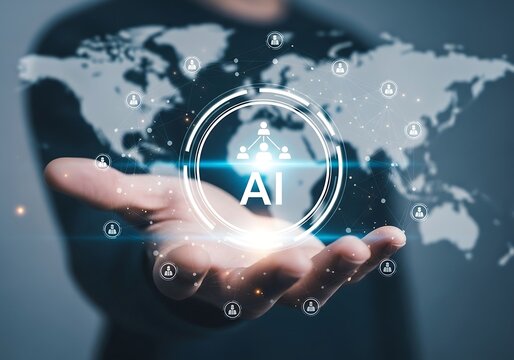 Human hand holding a glowing circle with ai text and network connections symbolizing global artificial intelligence and connectivity