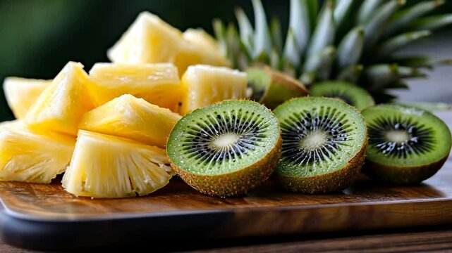 Close up of pineapple chunks and sliced kiwis on wooden board. The image showcases the vibrant colors and textures of the fresh fruits, creating a visually appealing still life composition