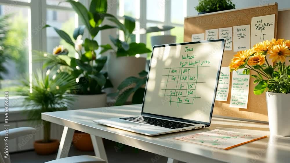Poster workspace view featuring a laptop with a displayed table on its screen, accompanied by a vibrant pot