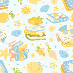 Cute Summer Book Seamless Pattern, Pastel Lemon and Shell Beach Theme, Kawaii Reading and Floral Repeat Design