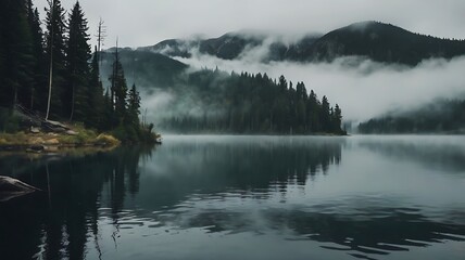 Calm lake reflecting foggy mountains and evergreen trees in a serene nature landscape scene