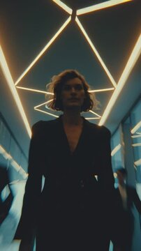 A confident businesswoman leads a team down a sleek, modern glass hallway with dramatic lighting.