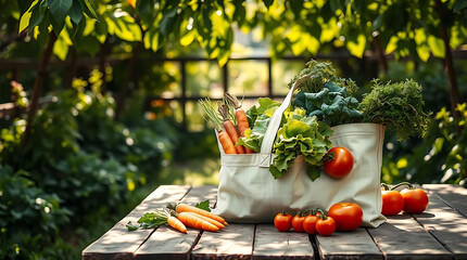 Fresh produce in a reusable shopping bag on a wooden table in a garden setting.