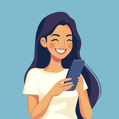 A cheerful cartoon woman with dark hair holds a smartphone, smiling brightly at the viewer against a plain light green background.