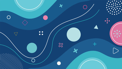 Abstract blue background with wavy shapes and geometric decorative elements