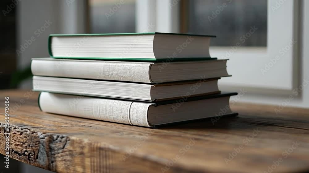 Poster close up view of three books stacked on a wooden table with a white window in the background. a four