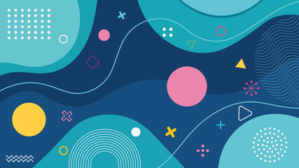 Abstract geometric background with wavy shapes and colorful floating elements
