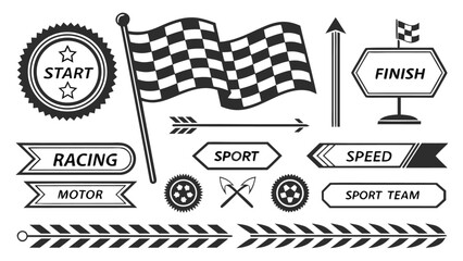 A dynamic vector illustration of racing cars, checkered flags, and winner's ribbons perfect for auto sport and competition designs