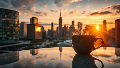 Sunrise cityscape reflected in polished surface, steaming coffee cup, surface, glass