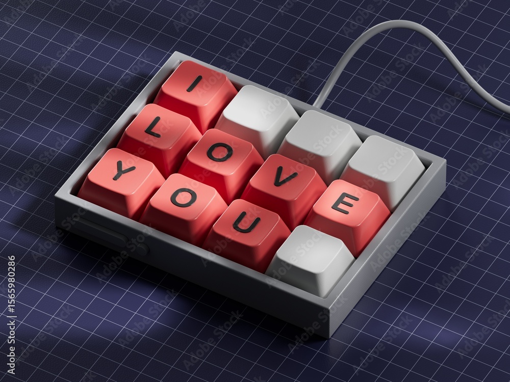 Poster i love you.computer keyboard keys spelling.flat lay view from above on blue background with computer