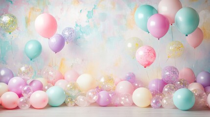 Pastel balloon birthday background with soft colorful balloons, light pink and blue party decor, festive backdrop for baby celebration or first birthday event indoors





