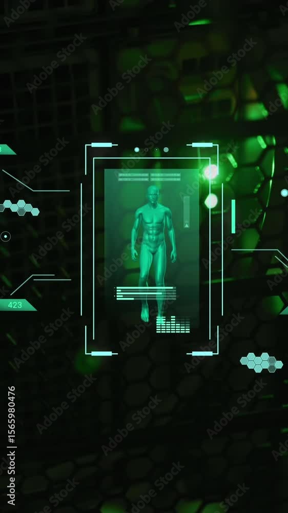 Poster animation of data processing with human walking and brain over server room