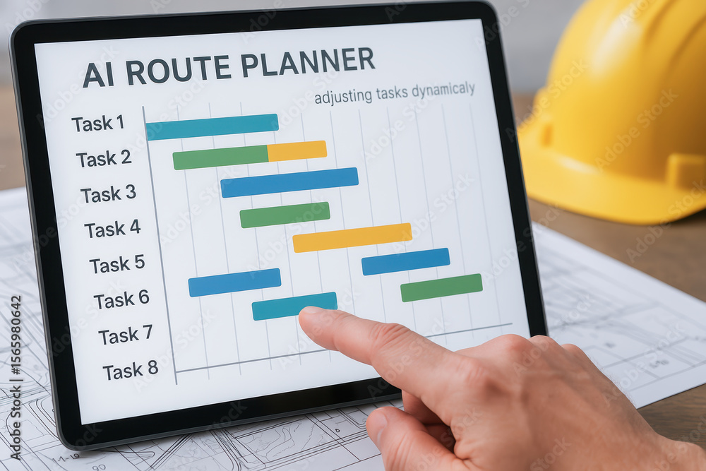 Aufkleber ai route planner on tablet screen with finger pointing at task bar in civil engineering and construc