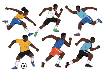 Collection of diverse athletes running and playing soccer, showcasing movement and action in dynamic poses.