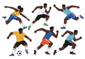 Collection of diverse athletes running and playing soccer, showcasing movement and action in dynamic poses.