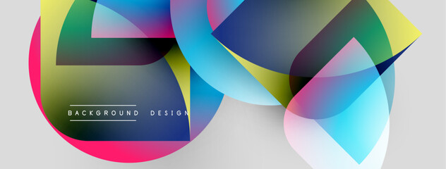 Abstract colorful shapes overlap. Gradient hues create dynamic visual effect. Modern design elements suggest fluidity, energy.
