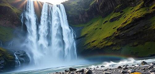 Majestic Skogafoss cascading down mossy cliffs, sunlight illuminating spray, raw, waterfall