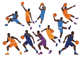 Silhouette illustrations of basketball players in various action poses, dribbling and shooting.