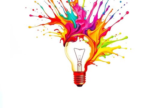 Abstract colorful paint splash forming a lightbulb shape on white,  innovation,  design