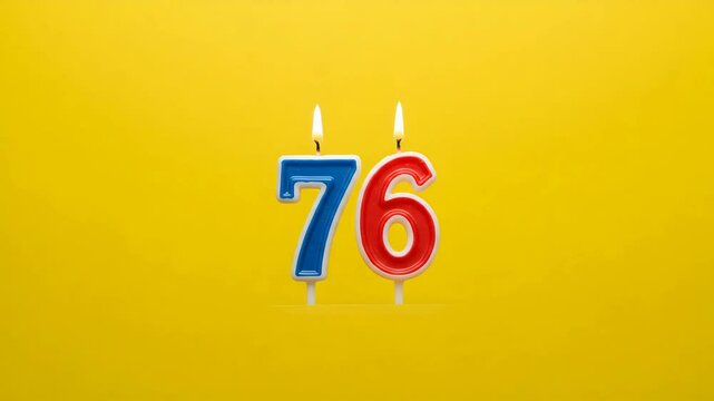 Number Seventy Six Candle Celebration with Burning Flame and Yellow Background in a Studio Light