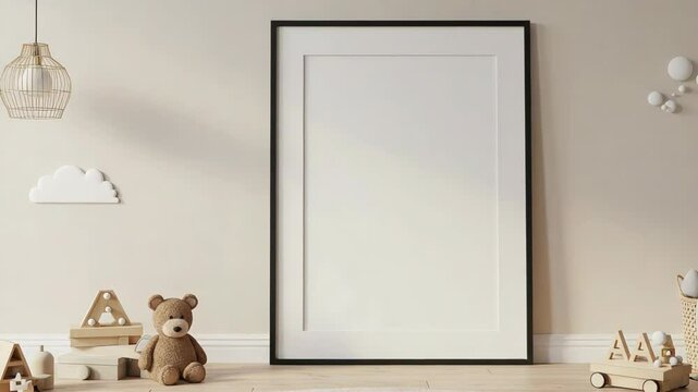 Nursery Interior With Blank Frame Teddy Bear and Wooden Toys on Beige Wall in Bright Cozy Room