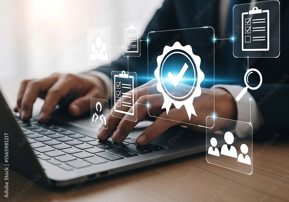 Poster business professional using a laptop with digital interface showing quality assurance icons and chec