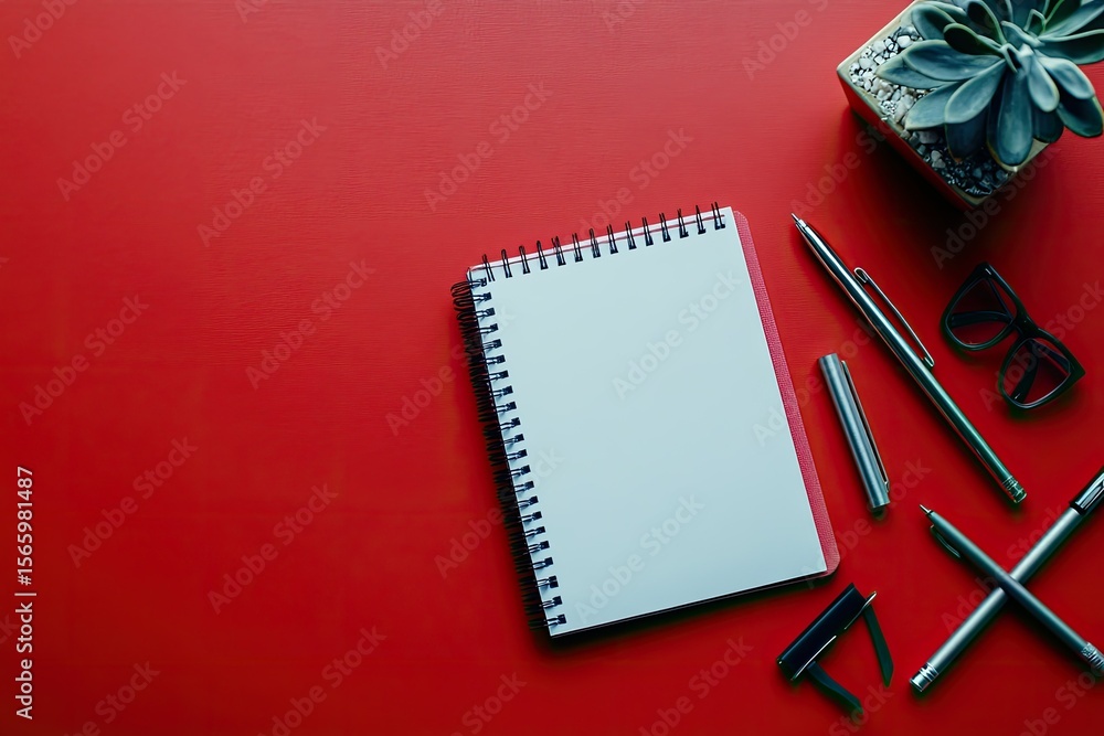 Poster premium quality image of arrangement of desk elements with empty notebook on red background