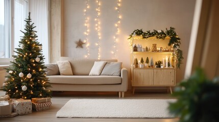 Cozy living room with a decorated Christmas tree, couch, and warm string lights