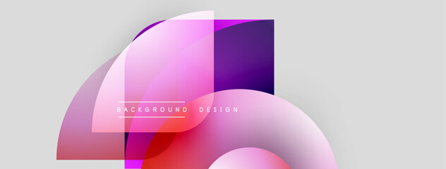 Abstract shapes overlap, creating vibrant gradients. Pink, purple hues dominate design over white backdrop. Modern, dynamic composition.