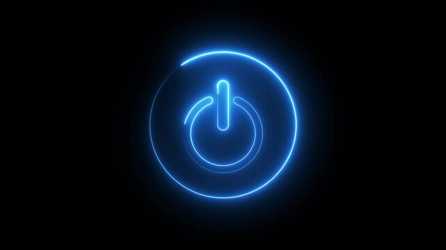 power button icon animation glowing neon blue color startup shutdown screen turn on off button switch stop start computer closed button futuristic sign symbol on black background	