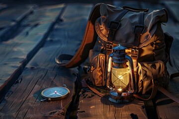 High Detail Visual of Backpack and Lantern Near Compass