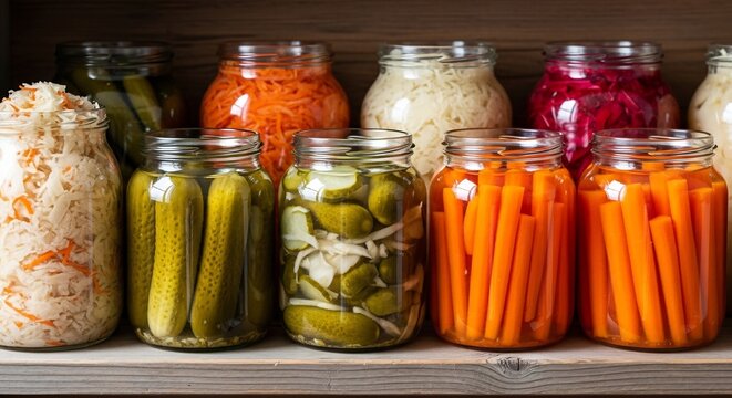 Variety of homemade fermented and pickled vegetables in glass jars on shelf