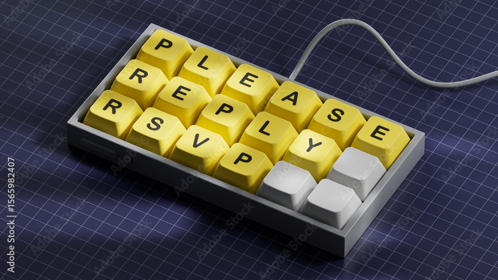 Fototapete word please reply rsvp. wooden small cubes with letters. computer keyboard keys. copy space.3d rende