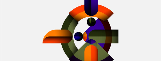 Abstract geometric composition. Shapes overlap, creating birdlike form. Colors include orange, purple, green, gray. Minimalist design.