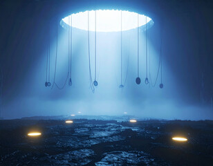 A large, circular opening in a dark, misty cavern ceiling emits a bright, cool blue light, illuminating suspended objects or roots, with several glowing yellow lights scattered across the rugged, wet